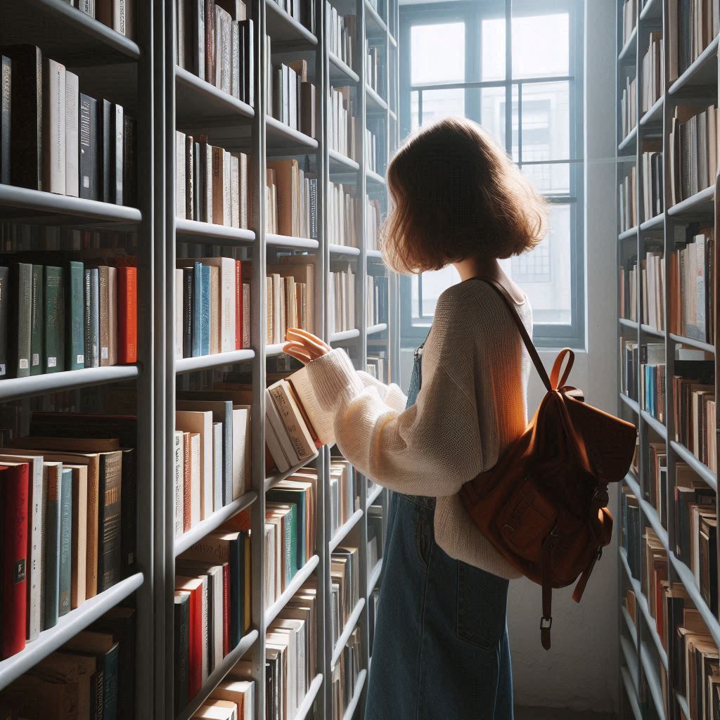 Eine Frau wählt sich ein Buch aus einem Bücherregal aus
