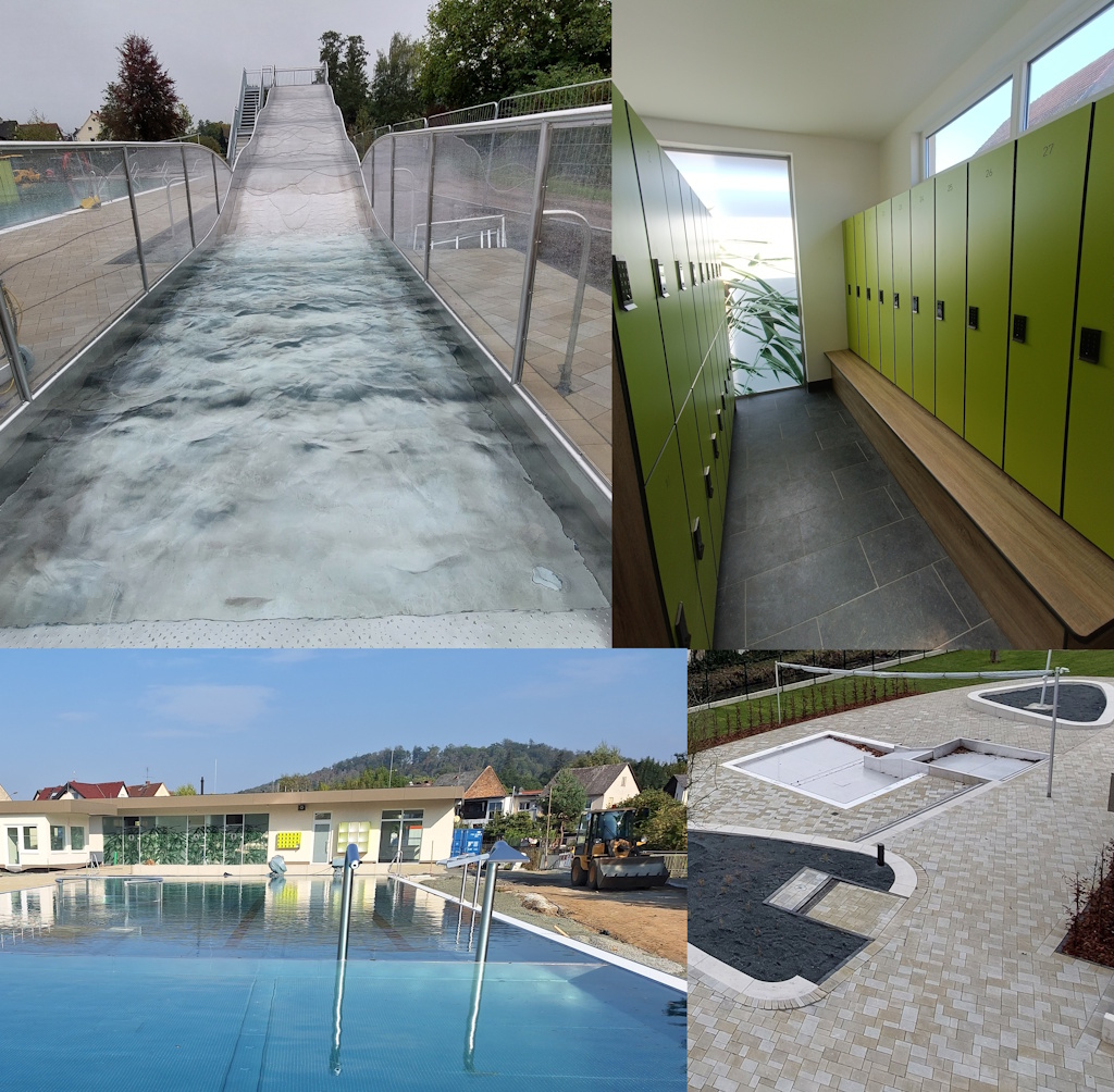 Collage aus Ansichten im Freibad: Wellenrutsche, Umkleide, großes Becker, Planschbecken