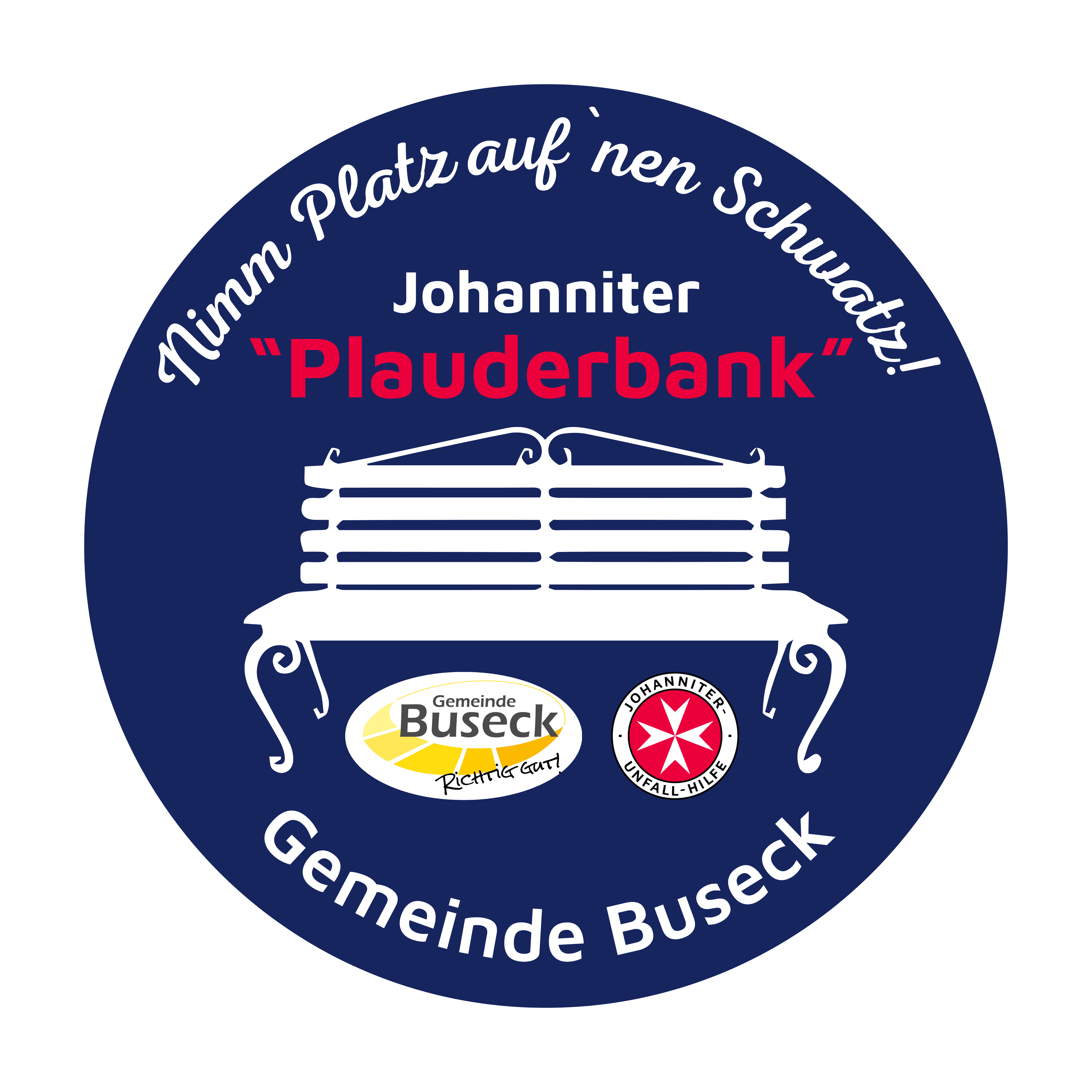 Logo der Plauderbank. Eine weiße Bank. Darüber der Text "Nimm Platz auf 'nen Schwatz - Johanniter Plauderbank".