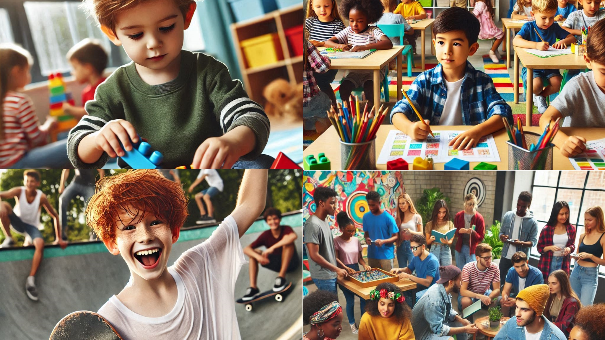 Collage aus 4 Bildern. Kind spielt mit Bauklötzen, Grundschule, Half Pipe, Jugendraum