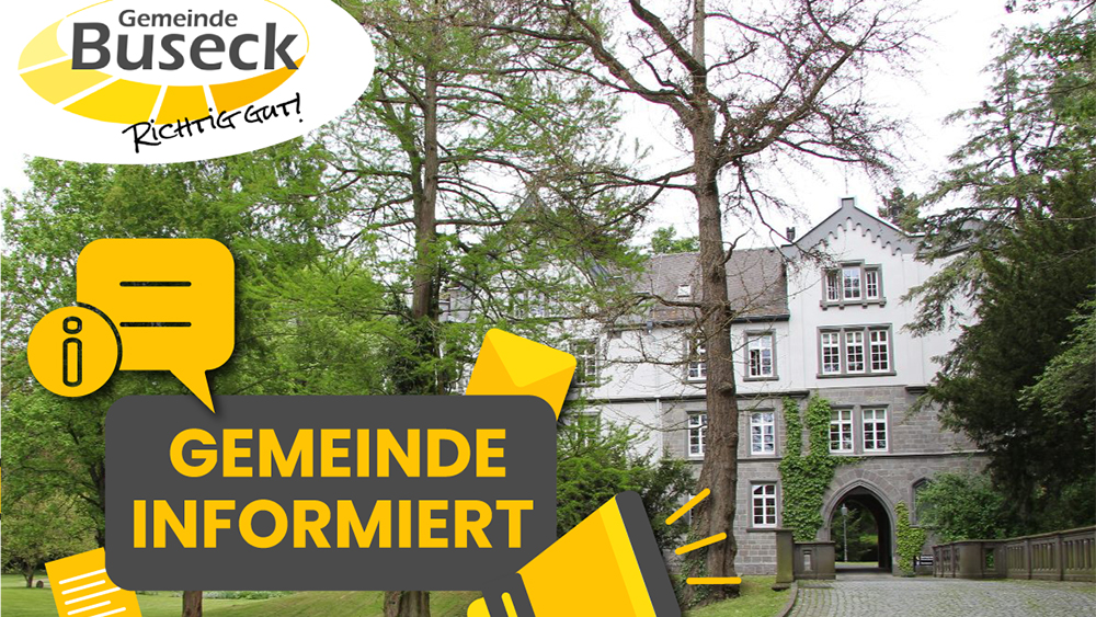 Rathaus mit grafischen Infoelementen