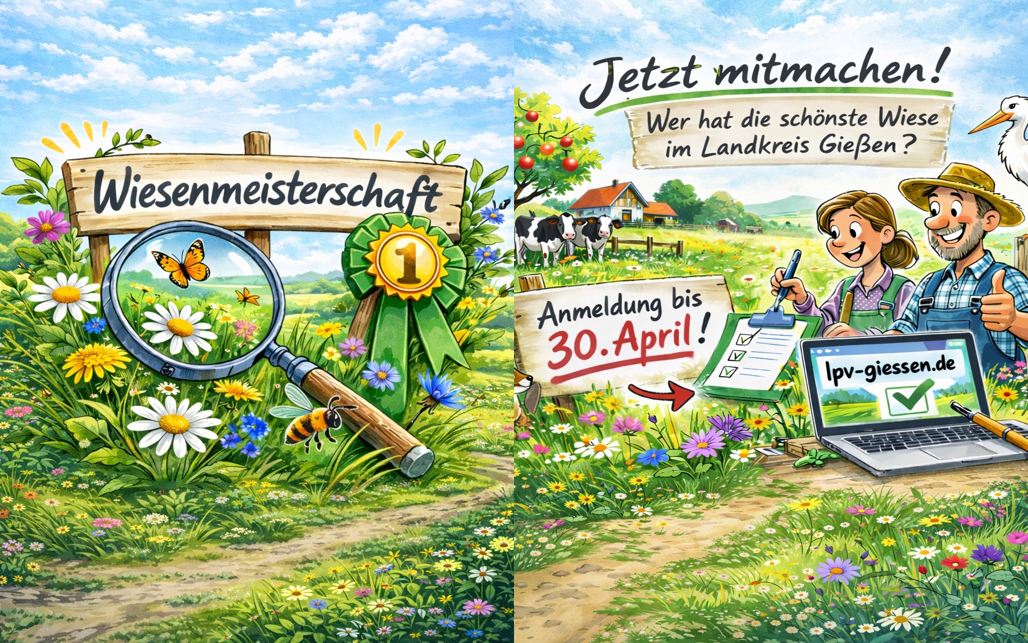 Doppelbild in Zeichnungsoptik. Links eine Wiese mit Holzschild "Wiesenmeisterschaft". Rechts fröhliche Menschen. Hinweis mitzumachen mit Angabe Anmeldeschluss.